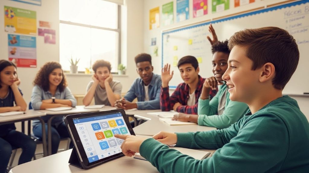 Student using tablet with assistive communication app to participate in classroom discussion with diverse peers