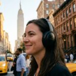 A person wearing black Bose QuietComfort headphones on a busy New York City street.
