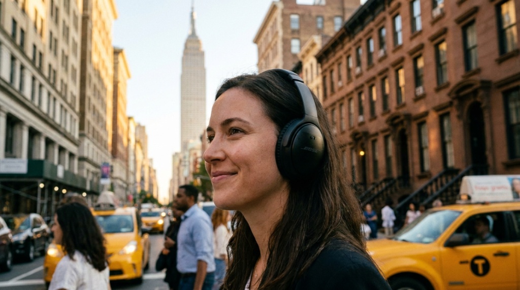 A person wearing black Bose QuietComfort headphones on a busy New York City street.
