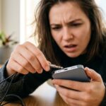 Person trying to plug wrong headphone jack into modern iPhone port.