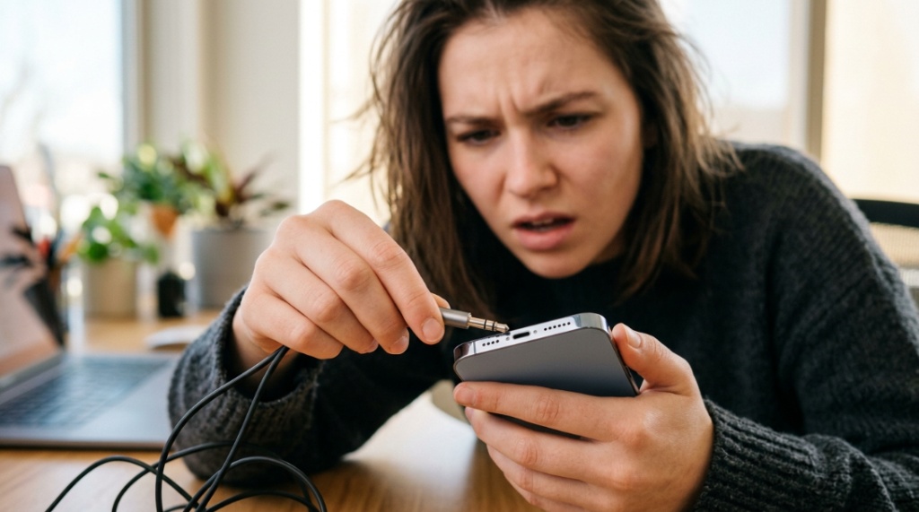 Person trying to plug wrong headphone jack into modern iPhone port.