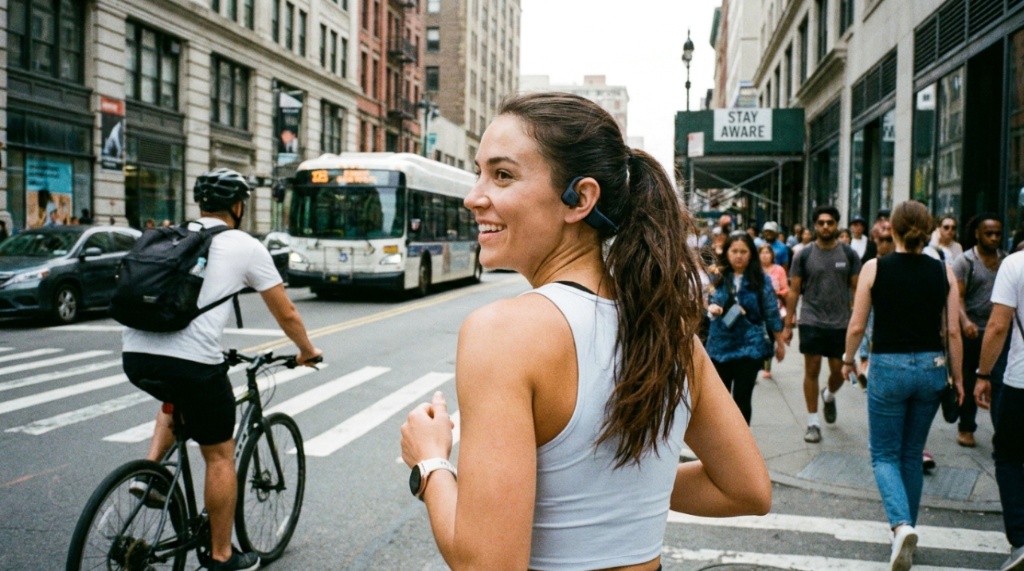 A woman running on a coastal path wearing sleek white open-ear headphones.